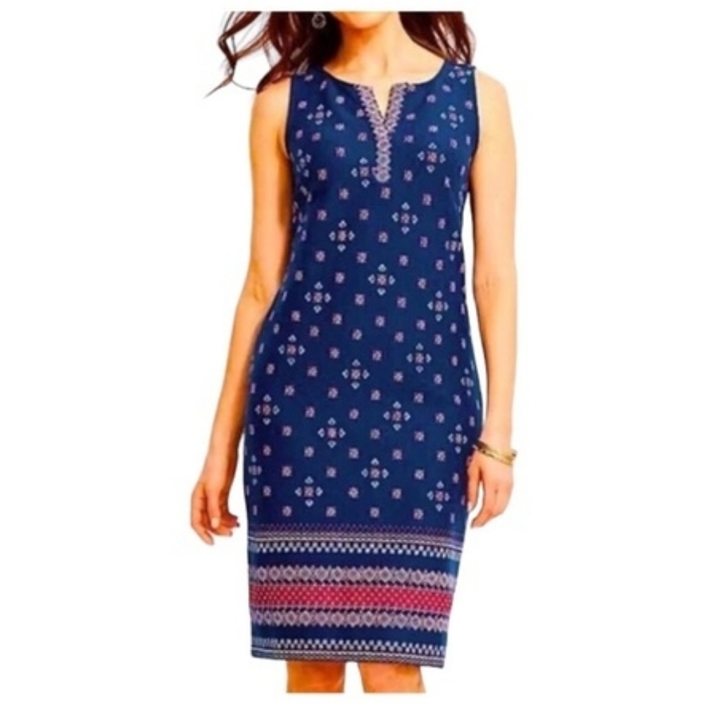 Talbots Women's Sleeveless Sheath Dress Size M Blue & Red Knee Length Split Neck